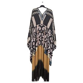 Autre Marque AFRODITI HERA Schwarzes Maxikleid mit Ethno Print und Fransen