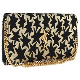Autre Marque Saint Laurent Wallet On Chain Shoulder Bag Satin Black Gold