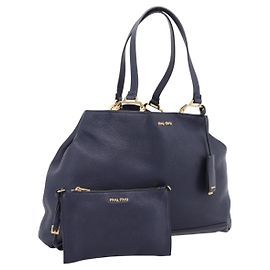 Miu Miu Tote Bag Leather 2way Navy Gold
