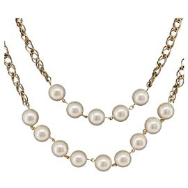 CHANEL Pearl Necklace Metal Gold Tone White CC