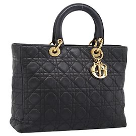 Christian Dior Lady Dior Canage Hand Bag Leather Black Gold Tone