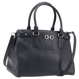 Salvatore Ferragamo Gancini Hand Bag Leather Black Silver