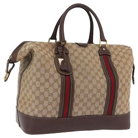 GUCCI Bolsa Boston GG Canvas Web Sherry Line Bege Tom Dourado