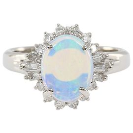 Autre Marque Anello a fascia in platino con opale e diamante