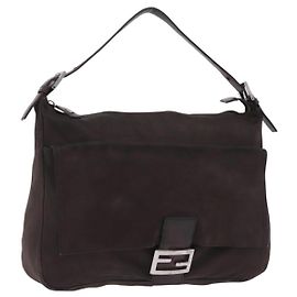 FENDI Mamma Baguette Shoulder Bag Cotton Jersey Brown Silver