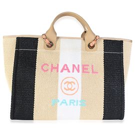 Chanel Medium Deauville Tote aus natürlichem multicolorem Stroh, Raffia und gestreiftem Kalbsleder