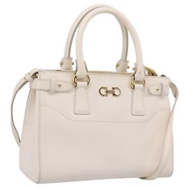Salvatore Ferragamo Gancini Hand Bag Leather 2way White Gold Tone