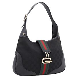 GUCCI GG Canvas Jackie Shoulder Bag Black Gold Tone 130779