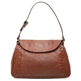 Bolso de hombro de doble solapa en Nappa con ribete Intrecciato marrón Bottega Veneta