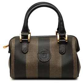 Borsa Boston convertibile Fendi Mini Pequin in tela rivestita marrone