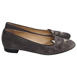 Ballerine Charlotte Olympia Kitty ricamate in camoscio grigio