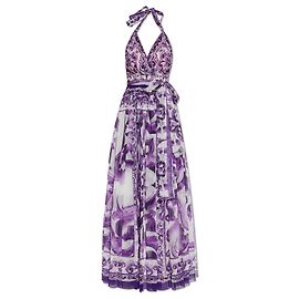 Vestido maxi de seda morado con cuello halter Dolce & Gabbana