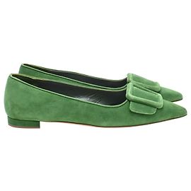 Manolo Blahnik Maysale Point-Toe Flats in Green Suede