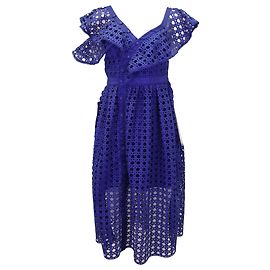Self Portrait One-Shoulder Midi-Kleid mit Rüschen aus blauem Polyester-Spitzenstoff
