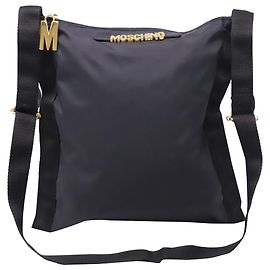 Borsa a tracolla con placca logo Moschino in poliestere nero