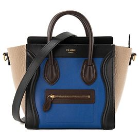 Céline CELINE - Luggage Nano Celine Schultertasche aus blauem Glattleder und beigem genärbtem Leder
