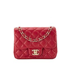 CHANEL - Classique/Timeless Mini Square Chanel Schultertasche aus glattem Leder in Himbeerrot