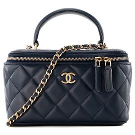 CHANEL - Borsa a tracolla Vanity Top Handle in pelle liscia blu navy