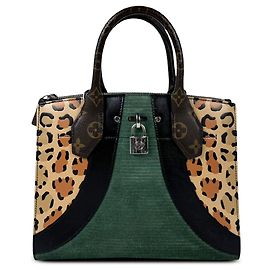 Borsa City Steamer PM Louis Vuitton Monogram Stampa Leopardata in Vitello e Velluto a Costine Verde