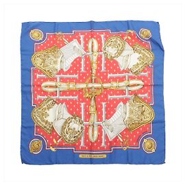 Hermès Carré 90 "SELLES A HOUSSE" Foulard in seta Blu x Rosso