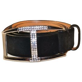 TOD'S Cinturón de piel de ante negra con hebilla T adornada con cristales