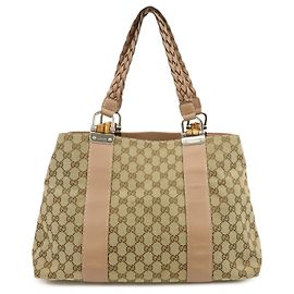 Borsa Tote GUCCI Bamboo GG Canvas Leather Beige Brown Pink 232947