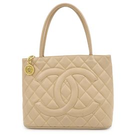 CHANEL Matelasse COCO Mark Caviarskin Medallion Tote Bag Beige A01804