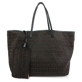 FENDI Zucchino Canvas Leder Tote Bag Schwarz Braun