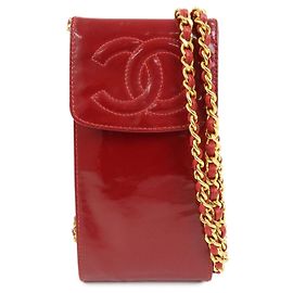 CHANEL COCO Mark Borsa a tracolla con catena in pelle verniciata Custodia per telefono Rosso Oro