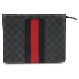 GUCCI Sherry GG Supreme Leather Clutch Bag Pouch Black Red 475316