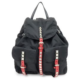 Zaino PRADA in nylon e pelle con logo triangolo e borchie Nero Rosso 1BZ811