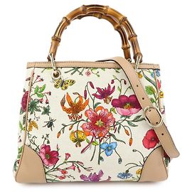 GUCCI Bamboo Flora Canvas Leather 2Way Bag Japan Limited Ivory 336032