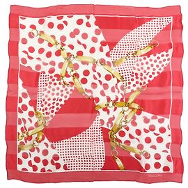 Pañuelo Christian Dior 100% Seda Motivo de Cadena y Lunares Rojo Blanco Dorado