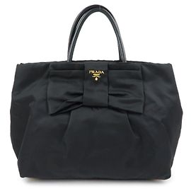 PRADA Nylon Leder Ribbon Handtasche Tote Bag Schwarz BN1601