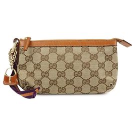 Borsa a mano pochette GUCCI Sherry GG Canvas Leather Beige Camel 152507