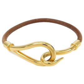 Hermès HERMES Jumbo Choker Bracelet en cuir et métal Marron Or