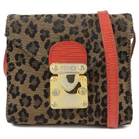 FENDI Leopard Canvas Leather 2Way Shoulder Bag Waist Bag Brown Red