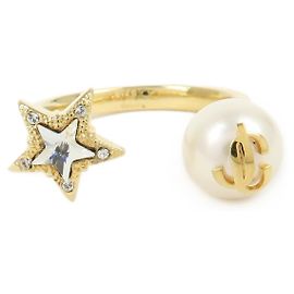JIMMY CHOO Faux Pearl Crystal Metal Ring Gold Pearl White US8 EU56