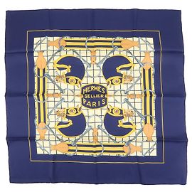 Hermès HERMES Carre 70 Pañuelo 100% Seda Tattersalles Navy Beige