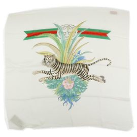 GUCCI Interlocking G Sherry GG Seiden-Rayon-Schal Tiger-Motiv Elfenbein