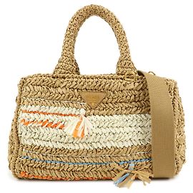 PRADA Canapa Triangle Logo Tricot Raffia 2Way Bag Camel Orange 1BG153
