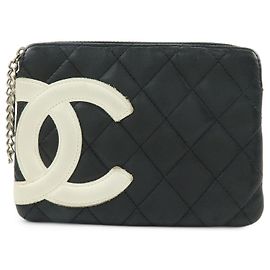CHANEL Cambon Line COCO Mark Calf Skin Cosmetic Pouch Black White