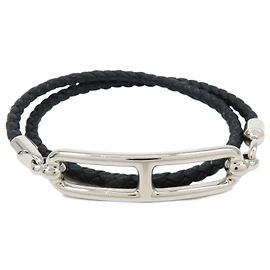 Hermès HERMES Roulis Double Tour Armband aus Veau Swift Leder Schwarz Silber