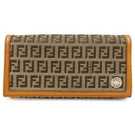 FENDI Zucchino Jacquard Canvas Leather Bi-fold Long Wallet Beige 8M0000