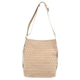 FENDI Zucchino Canvas Leather Schultertasche Beige Pink 8BR318