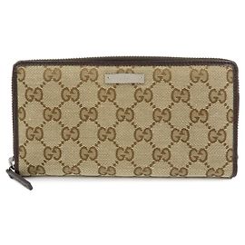 Portefeuille long zippé rond en cuir et toile GG GUCCI Beige Brown 112724