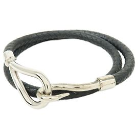 Hermès HERMES Jumbo Choker Double Tour Pulsera de Cuero y Metal Negro Plata