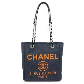 CHANEL Deauville PM Denim Kalbshaut Chain Tote Bag Indigo A66939
