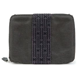 Hermès HERMES Cartera Herline PM Nylon Canvas Cuero con Cremallera Gris Negro