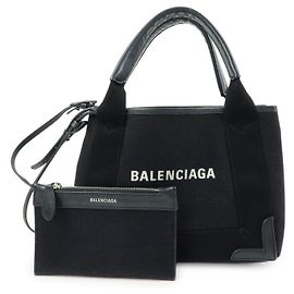 BALENCIAGA Navy Cabas XS Canvas Leather 2Way Bag Black 390346